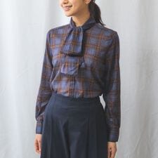 チェック柄コットンシフォンボウタイブラウス