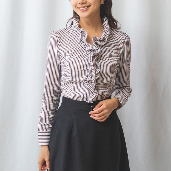 NARACAMICIE】ストレッチランダムストライプ襟付きフリル半袖シャツ