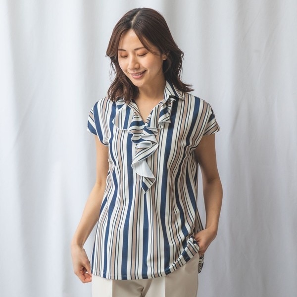 【NARACAMICIE】【セットアップ対応】マルチストライプ半袖フリルブラウス NARACAMICIE ブラウス シャツ 「NARACAMICIE」「セットアップ