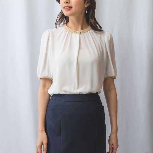 NARACAMICIE】ジャガードストライプフラワーレース六分袖ブラウス