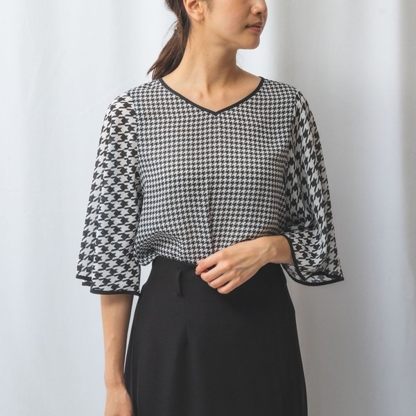 【NARACAMICIE】千鳥シフォンナチュラルVネック半袖ブラウス NARACAMICIE】千鳥シフォンナチュラルVネック半袖ブラウス