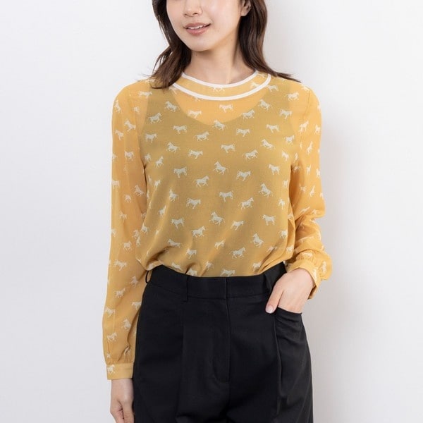 NARACAMICIE】ホースプリント配色パイピング長袖ブラウス | ナラ