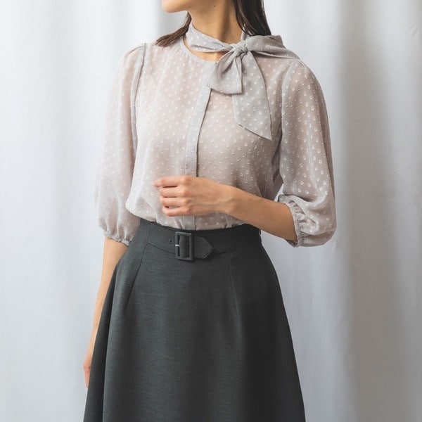 NARACAMICIE｜タイル柄シフォン半袖スカーフスリーブブラウス