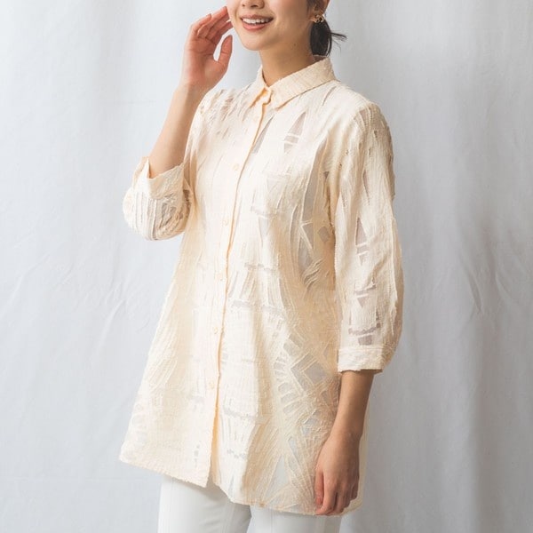 NARACAMICIE】タイル柄シフォン半袖スカーフスリーブブラウス