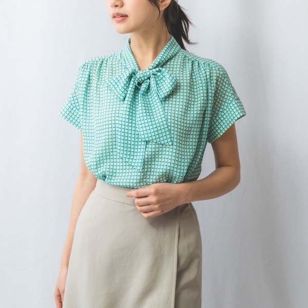 NARACAMICIE】タイル柄シフォン半袖スカーフスリーブブラウス