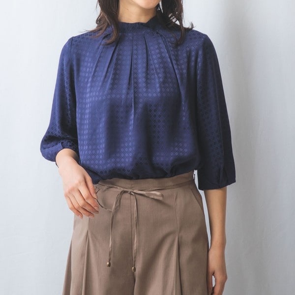 NARACAMICIE】タイル柄シフォン半袖スカーフスリーブブラウス