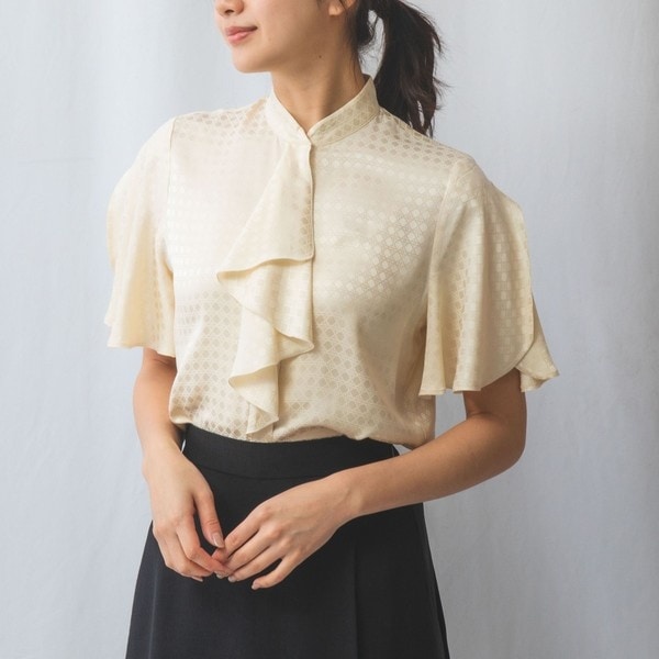NARACAMICIE】タイル柄シフォン半袖スカーフスリーブブラウス