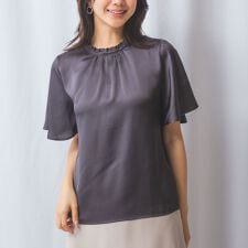 【NARACAMICIE】シボサテン衿フリルギャザー半袖ブラウス