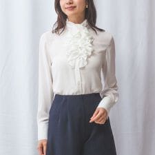 【NARACAMICIE】無地ジョーゼットフリル長袖ブラウスホワイト