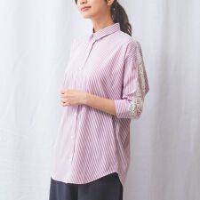 【NARACAMICIE】ストレッチストライプ肩レース七分袖シャツ