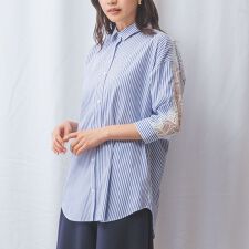 【NARACAMICIE】ストレッチストライプ肩レース七分袖シャツ