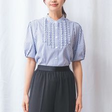 【NARACAMICIE】ストレッチストライプフロントデザインタック半袖ブラウス