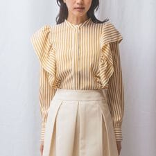 【NARACAMICIE】ストレッチストライプショルダーフリル長袖ブラウス