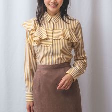 【NARACAMICIE】ストレッチストライプフロントフリル長袖シャツ