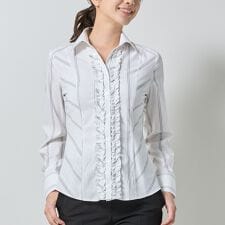 【NARACAMICIE】ストレッチストライプ襟付きフリル長袖シャツ