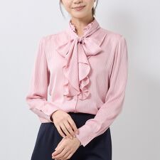 【NARACAMICIE】シャドウストライプフリル長袖ボウタイブラウス