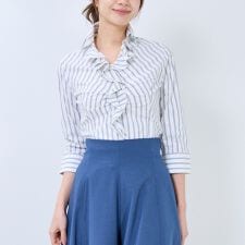 【NARACAMICIE】ストライプ襟付きフリル七分袖シャツ