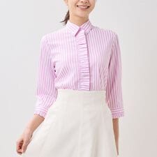 【NARACAMICIE】ストレッチストライプフリル七分袖ブラウス