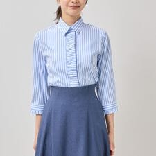 【NARACAMICIE】ストレッチストライプフリル七分袖ブラウス
