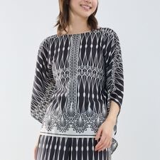 【NARACAMICIE】【セットアップ対応】ライン幾何柄半袖スクエアブラウス