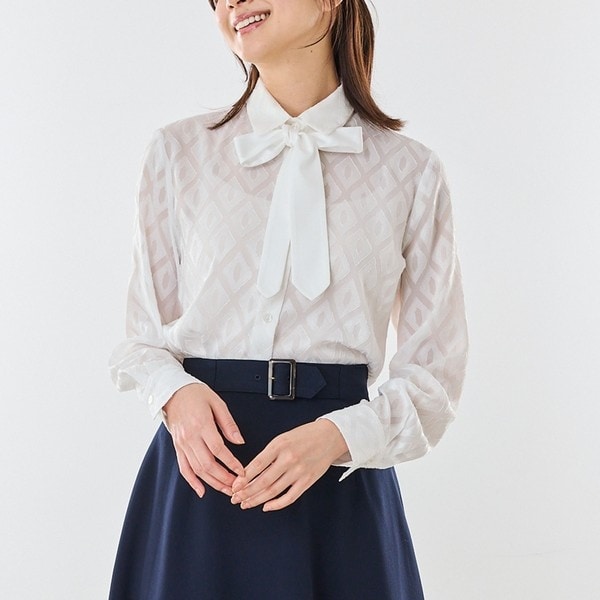 良品］Leilian千鳥格子柄 長袖ブラウス リボンネック こげ茶 9 日本製 