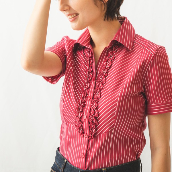 イタリアンダークストライプ衿付フリル半袖シャツ | ナラカミーチェ
