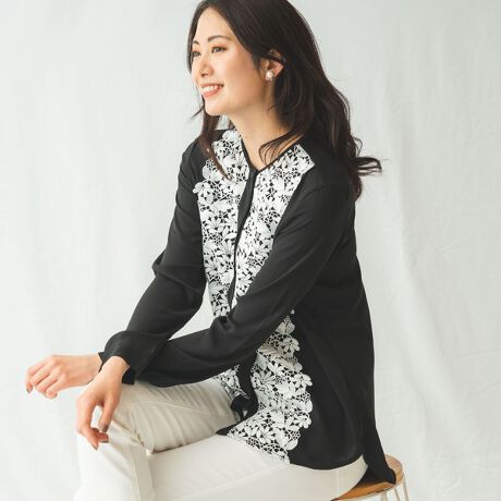 ナラカミーチェNARACAMICIE ジョーゼットフロントレース長袖ブラウス 