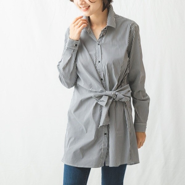美品　ナラカミーチェ　ストライプ柄ウエストリボン長袖シャツ ラベンダー　丈長 ウエストリボンストライプ長袖ロングシャツ | ナラカミーチェ