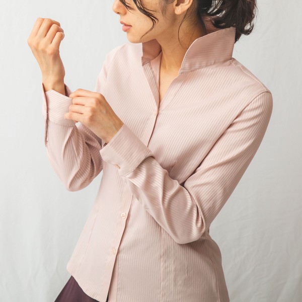 ナラカミーチェ　スタンドカラーストライプシャツ　光沢　サテン　長袖　暖色