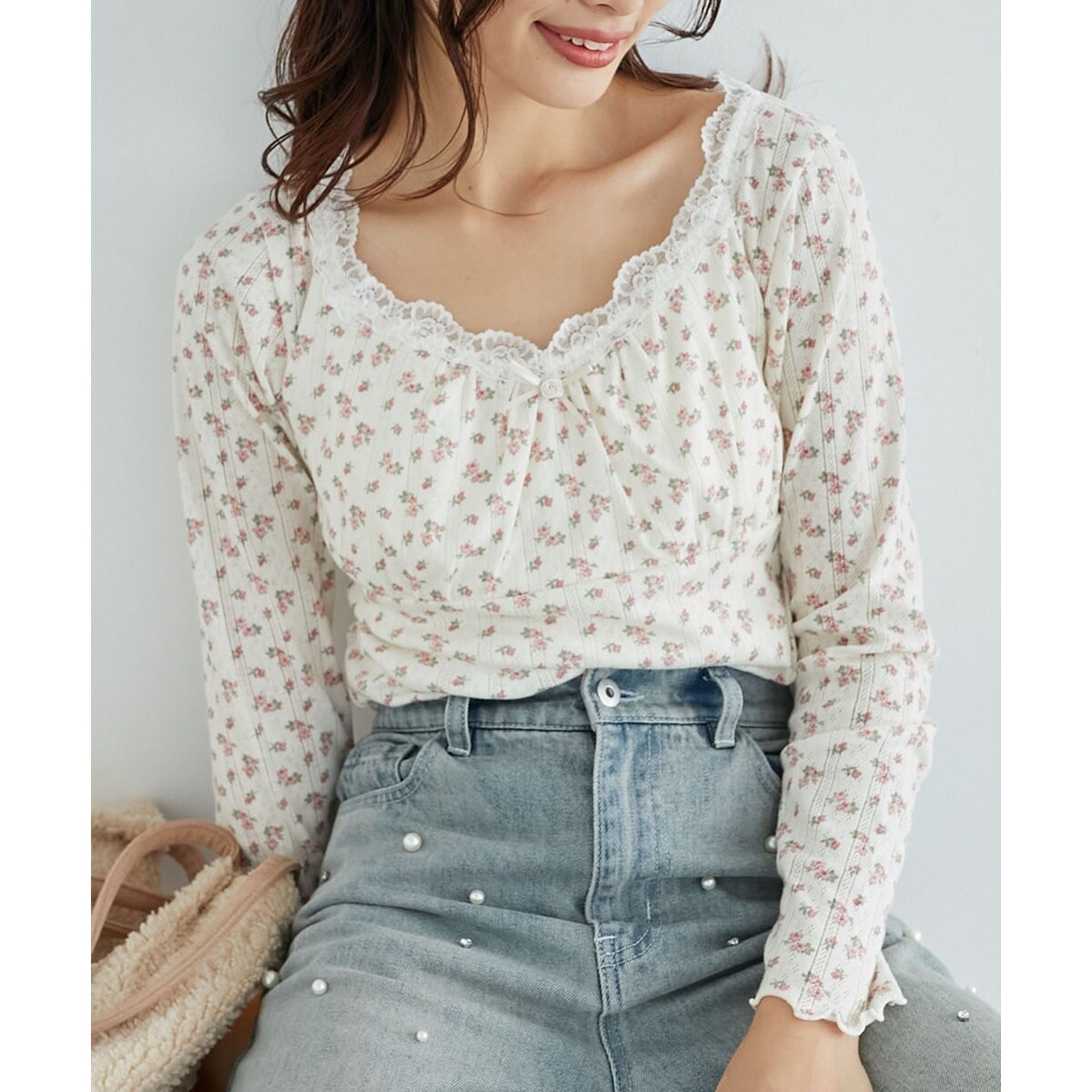 レリアン 花柄シフォンドッキングニット チュニック ネイビー