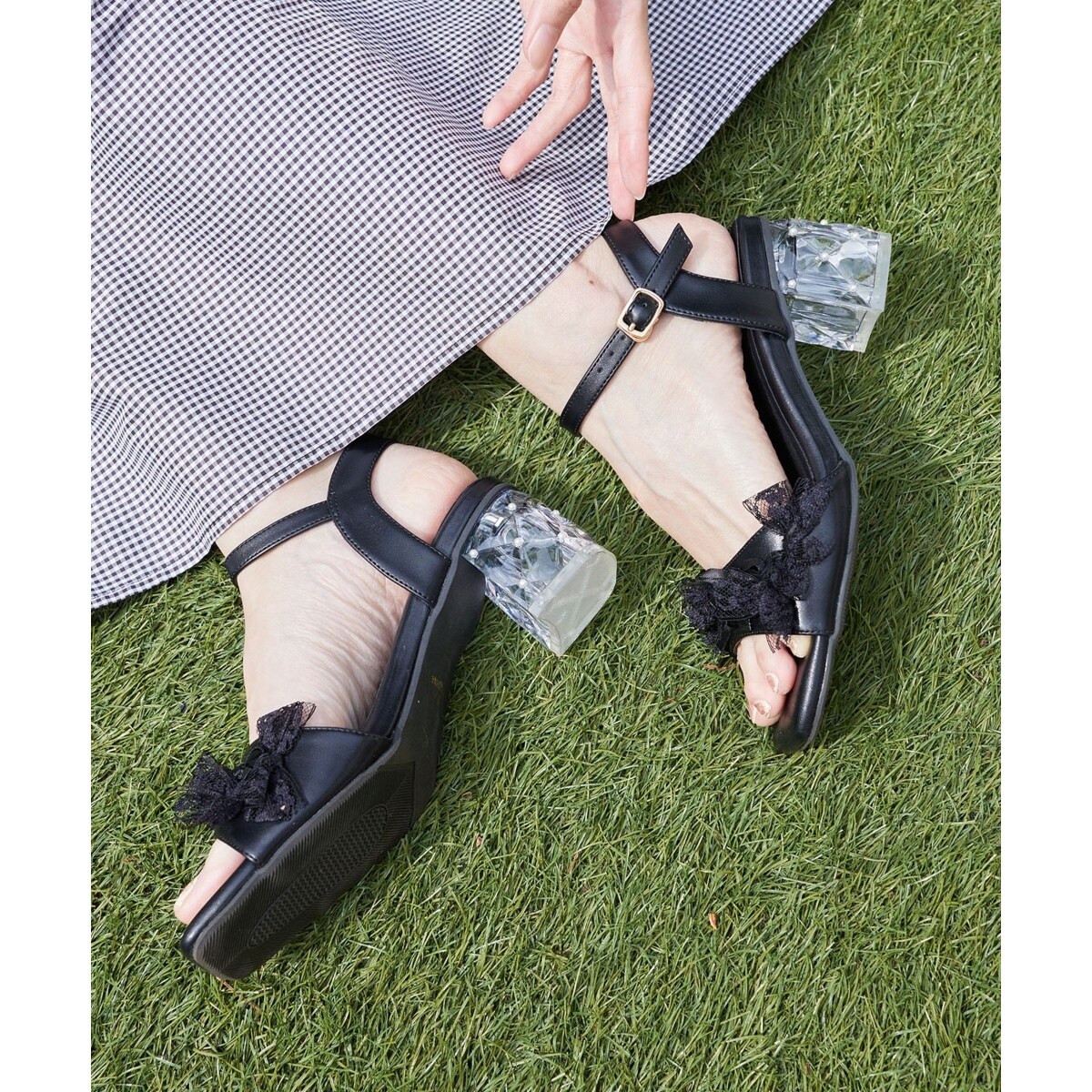 パールクリアヒールリボンサンダル