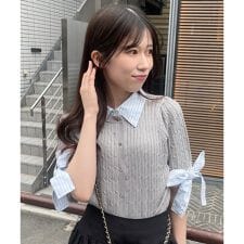 袖リボンシャツドッキングカーデ