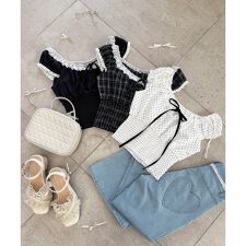 バイカラープチフリルブラウス