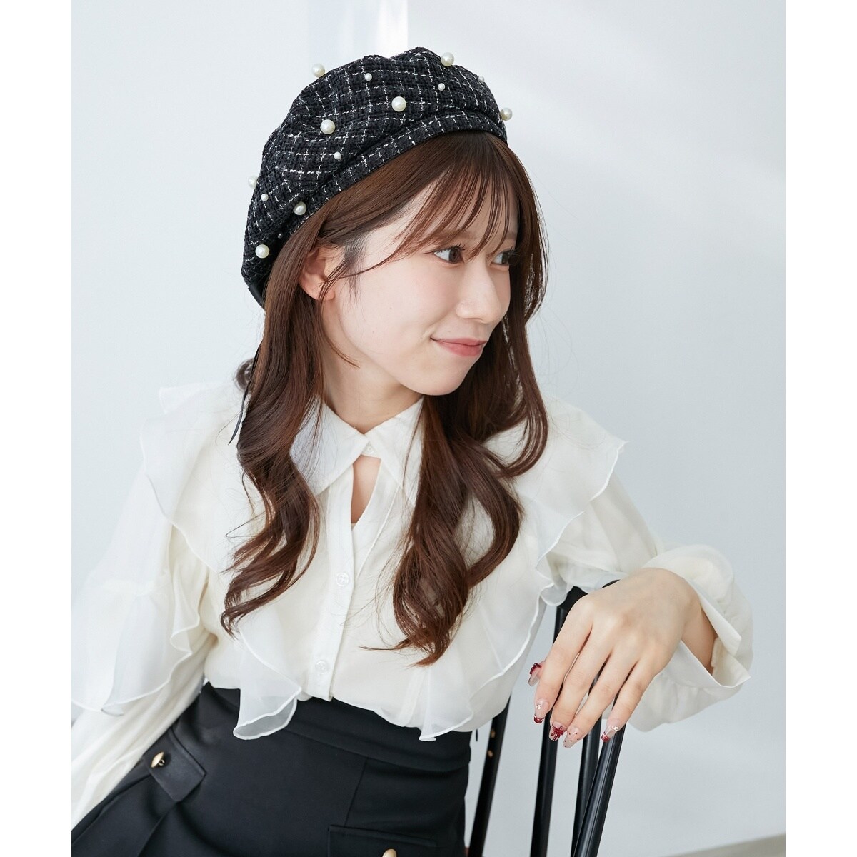 パール×リボンツイードベレー帽