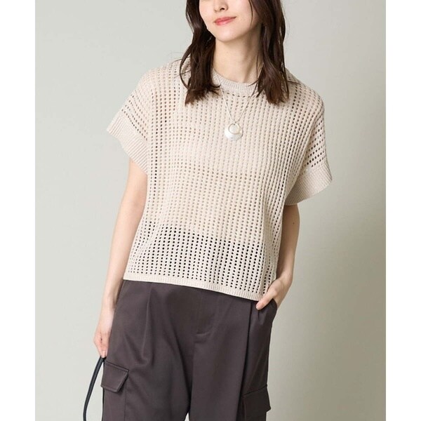 ラメメッシュニットポロシャツ　アニュアンス　ベージュ　ゲキカワ　最安値！ ラメメッシュニットポロシャツ(F CHARCOAL GREY): トップスanuans