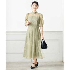 チュールレイヤードウエスト切り替えレースワンピース