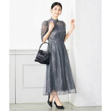 チュールレイヤードウエスト切り替えレースワンピース