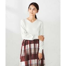 【洗える】ラメVネック美ラクるパフスリーブニット