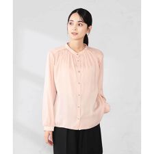 【洗える】サテンギャザーブラウス