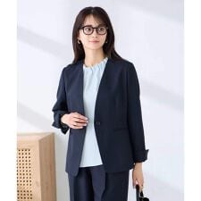 【洗える/UVカット】リネンライクストレッチノーカラージャケット