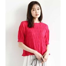 シャーリングボーダー五分袖ニット/洗える