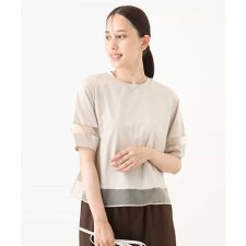 【5分袖/接触冷感/洗える】シアー切替えランタンスリーブカットソー