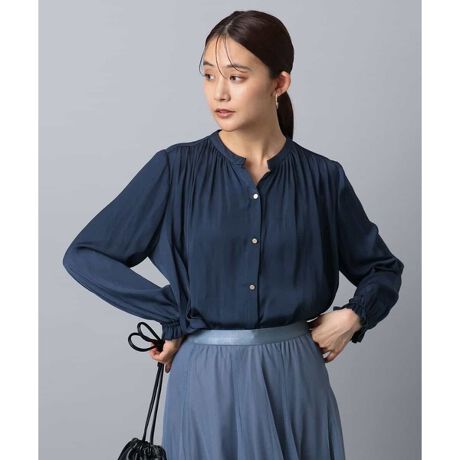 起毛サテン スキッパーデザインブラウス/洗える