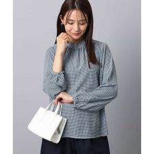 ボウタイ付き千鳥柄プリントブラウス/洗える