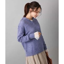 【トレンド/洗える】透かし編みニットフーディープルオーバー
