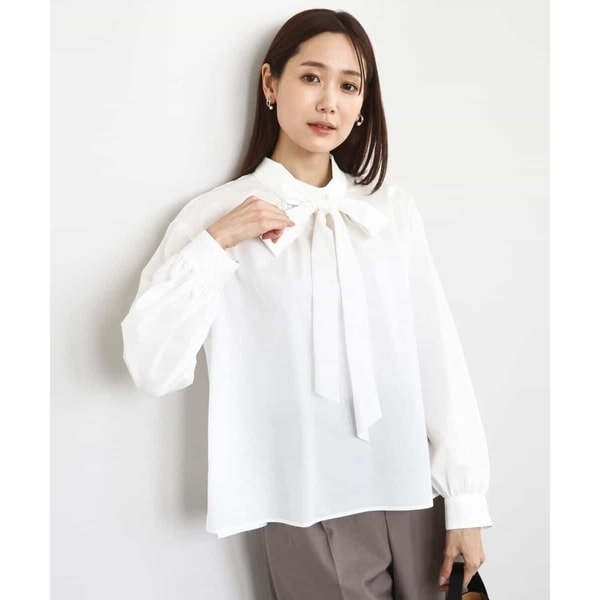 幅広いシーンで活躍/洗える】ボウタイ付きスタンドネックコットン