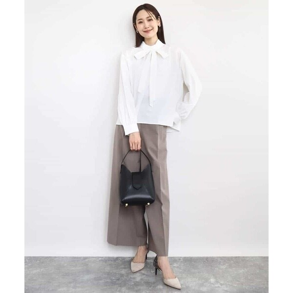 幅広いシーンで活躍/洗える】ボウタイ付きスタンドネックコットン