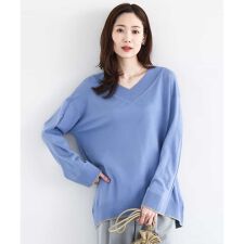 【ウール混/洗える】配色ラインVネックニット