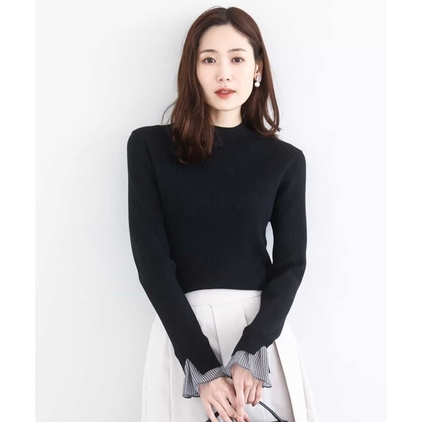 ノーウール素材/洗える】千鳥格子柄シフォンレイヤード風ハイゲージ