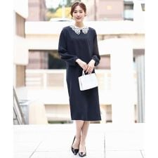 レース衿付きサックワンピース/防シワ/洗える